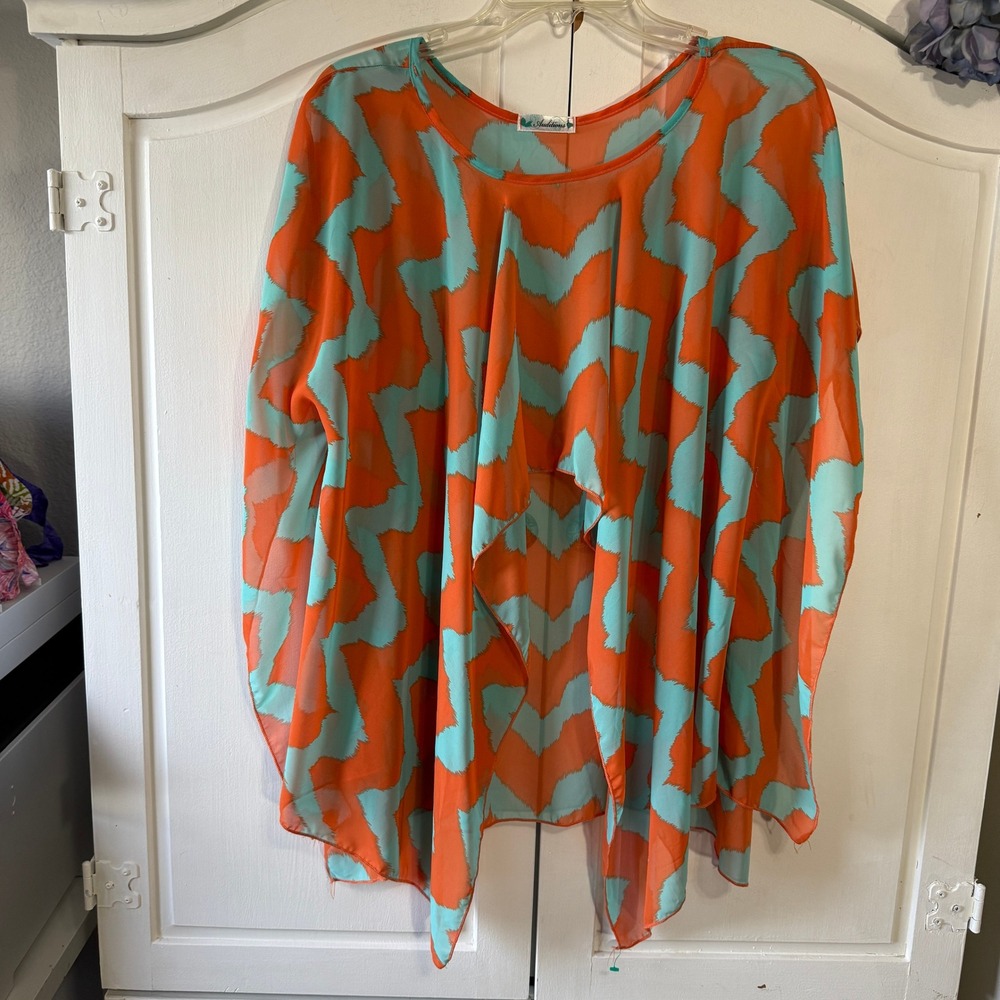 Auditions Orange Teal Chevron Print Sheer Poncho Top Cape One‎ Size